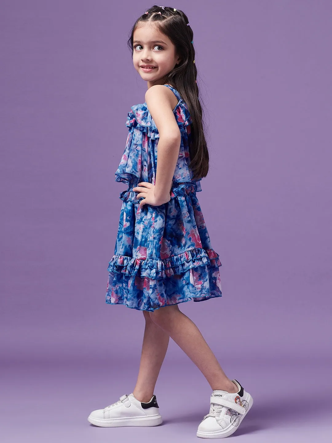 Girls Floral Printed Ruffled Chiffon Fit Flare Dress - Ps Peaches