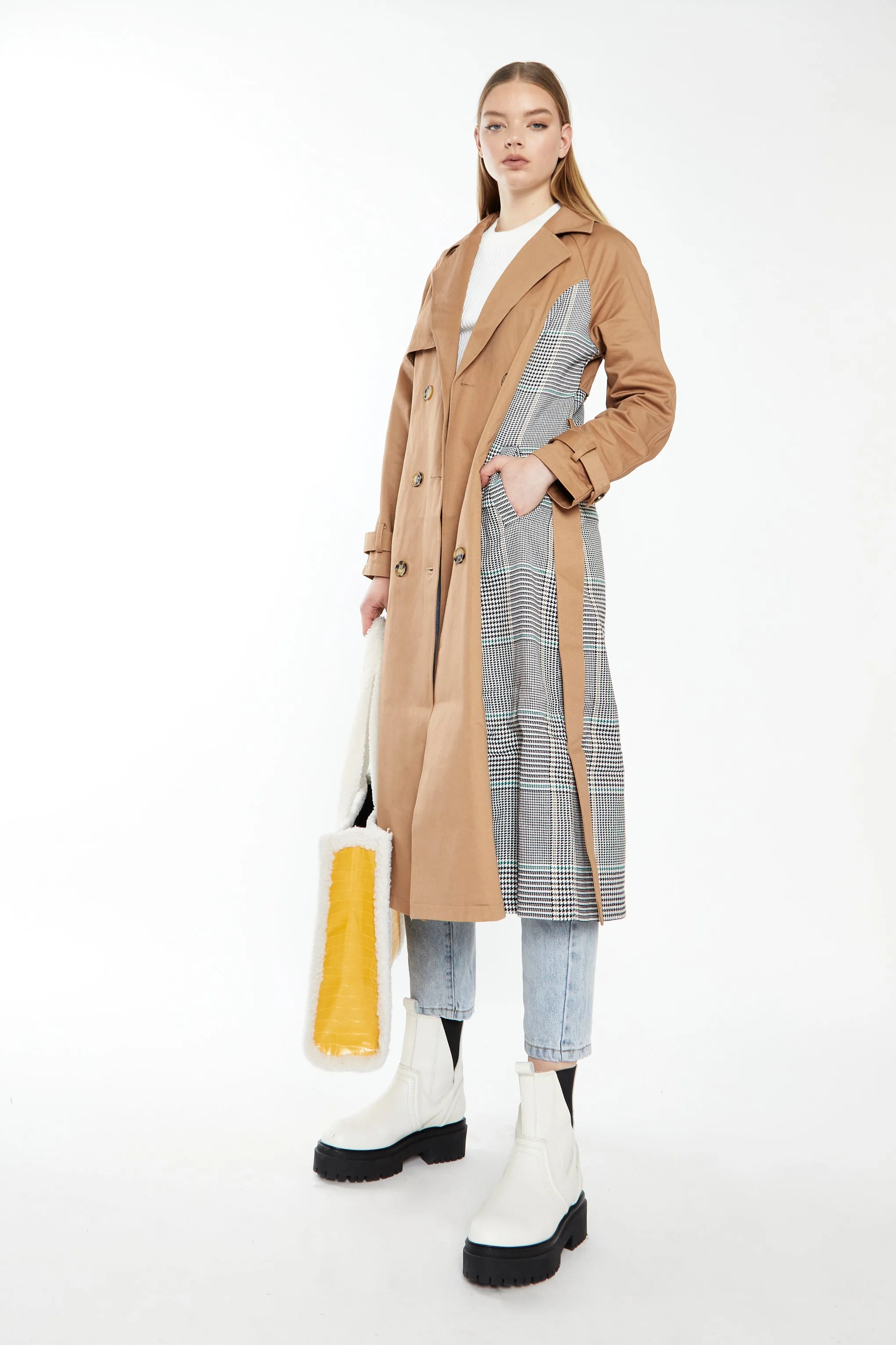 Glamorous Stone Check Trench Coat