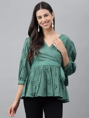 Green Cotton Schiffi Casual Peplum Top