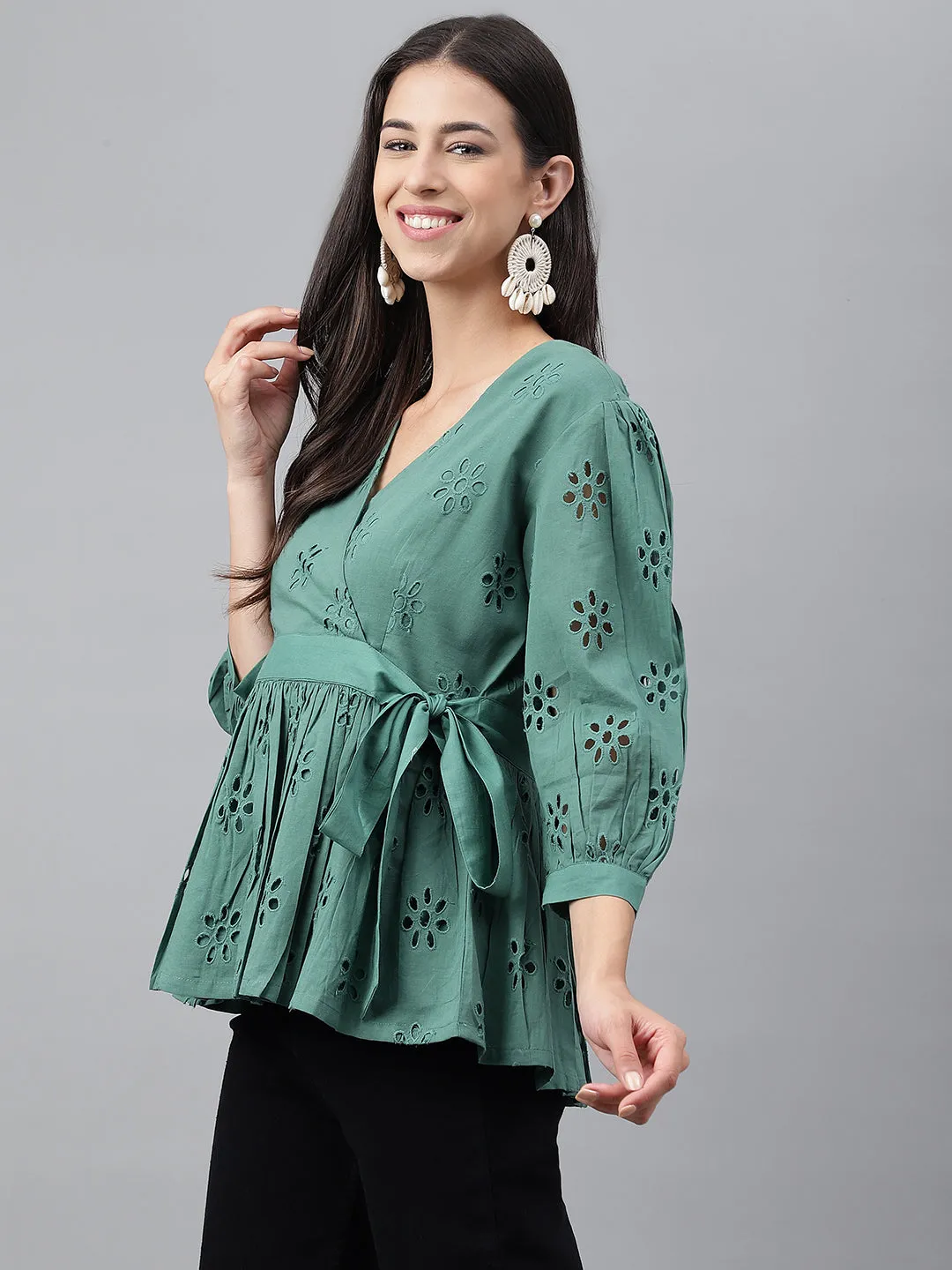 Green Cotton Schiffi Casual Peplum Top