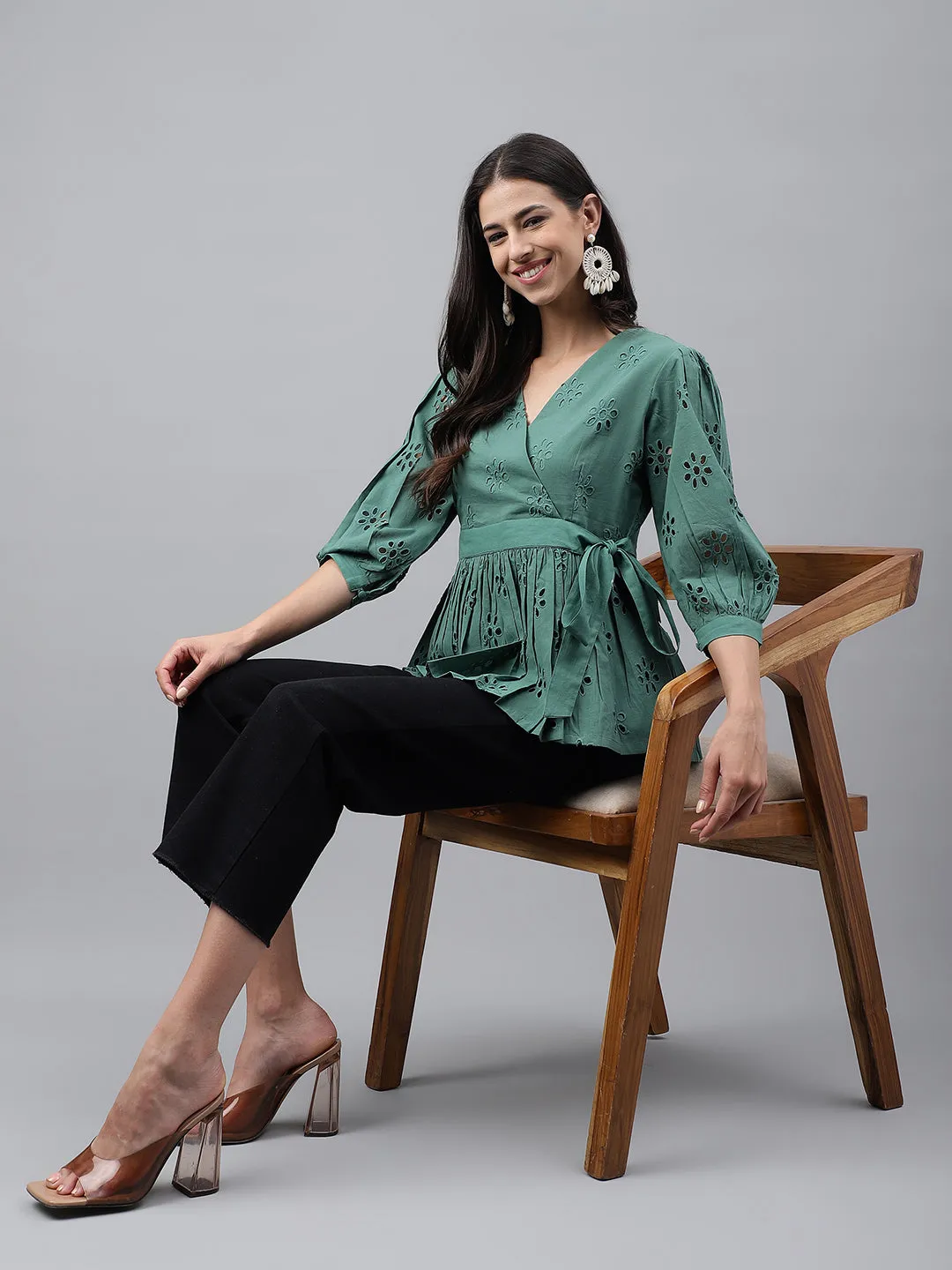 Green Cotton Schiffi Casual Peplum Top