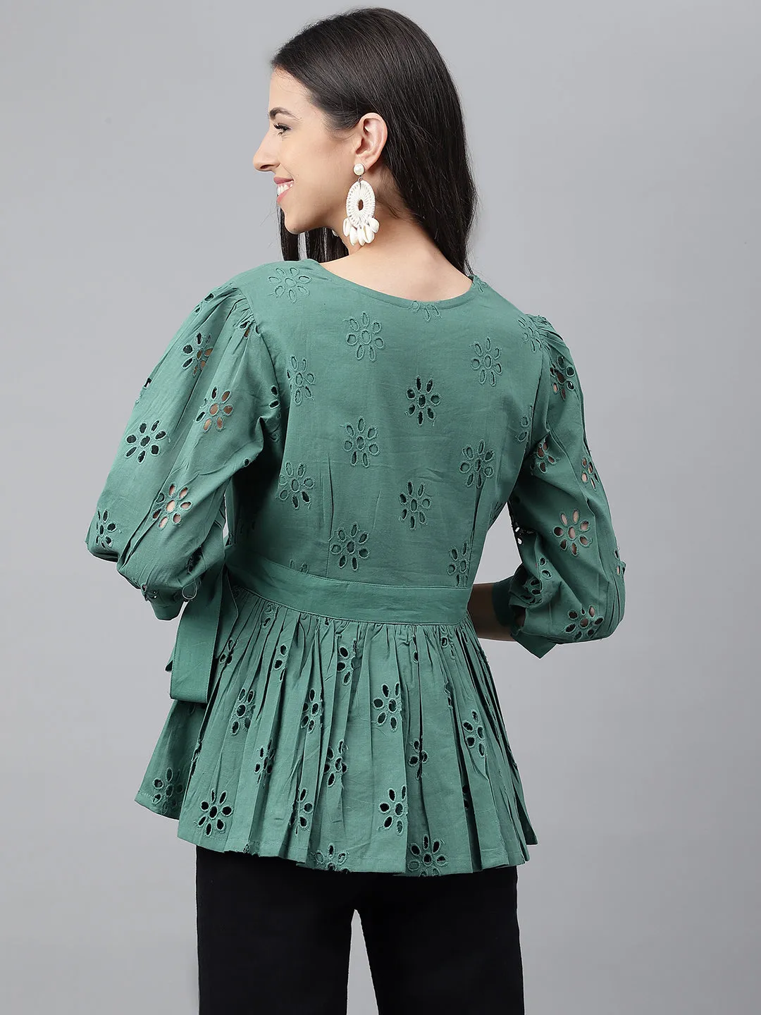 Green Cotton Schiffi Casual Peplum Top