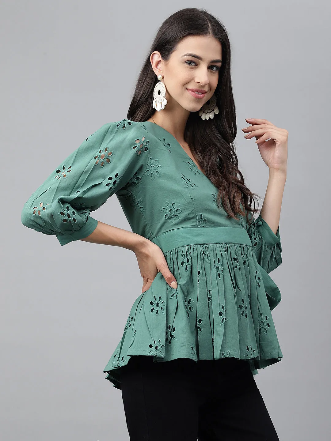 Green Cotton Schiffi Casual Peplum Top