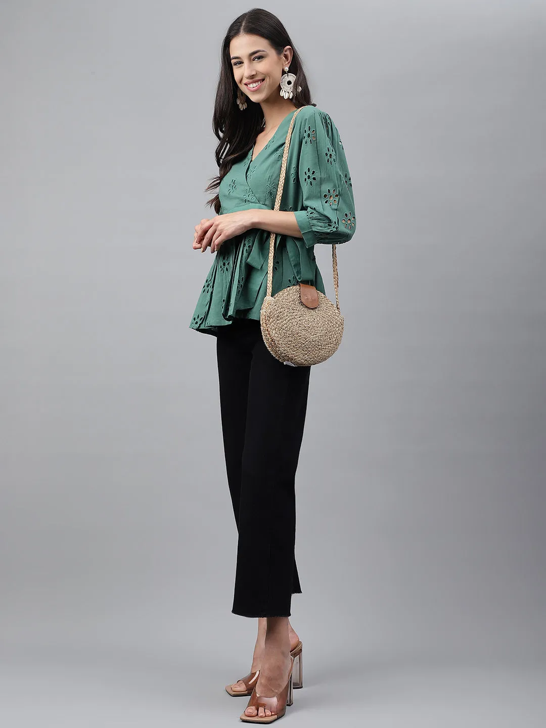 Green Cotton Schiffi Casual Peplum Top