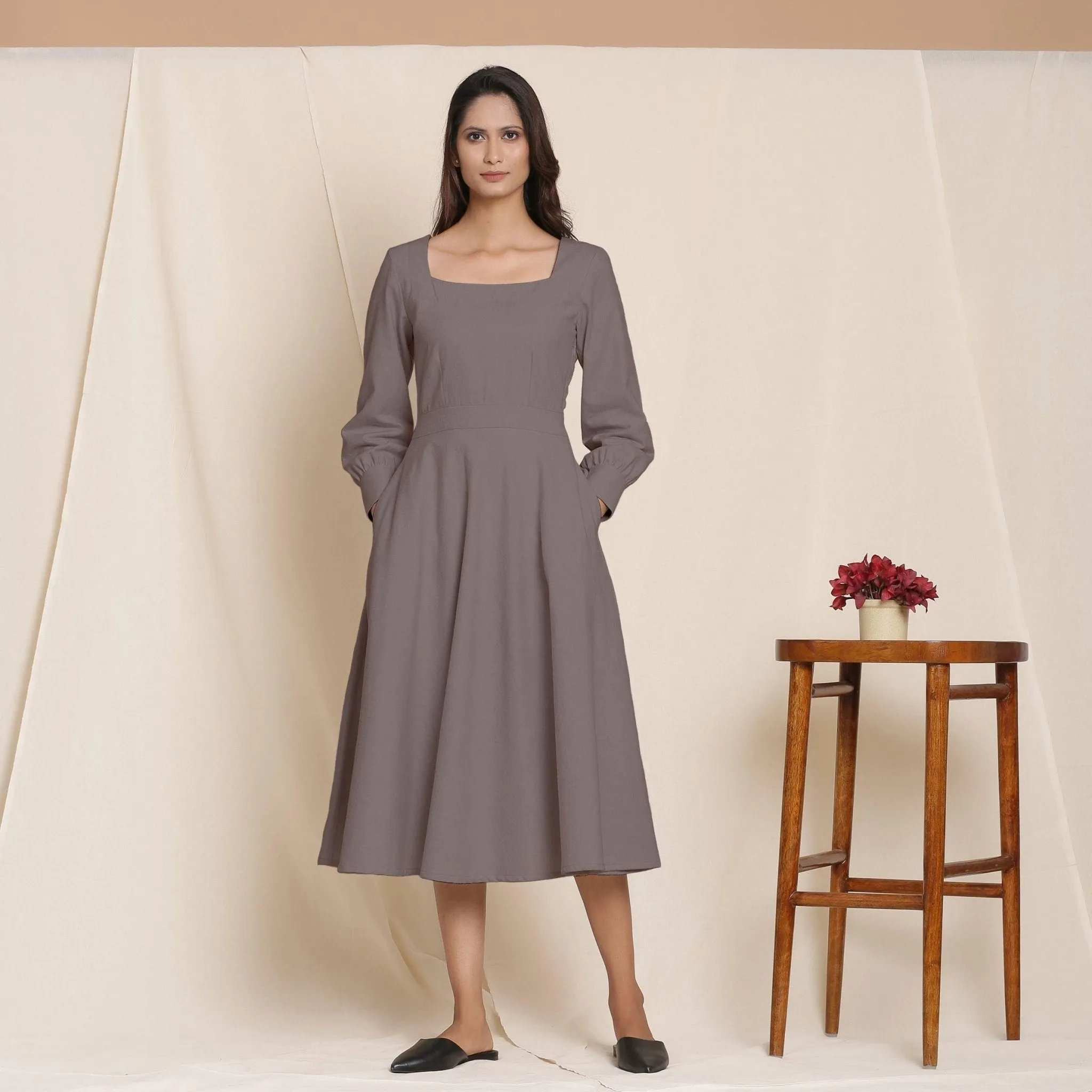 Grey Warm Cotton Flannel Fit and Flare Midi Dress