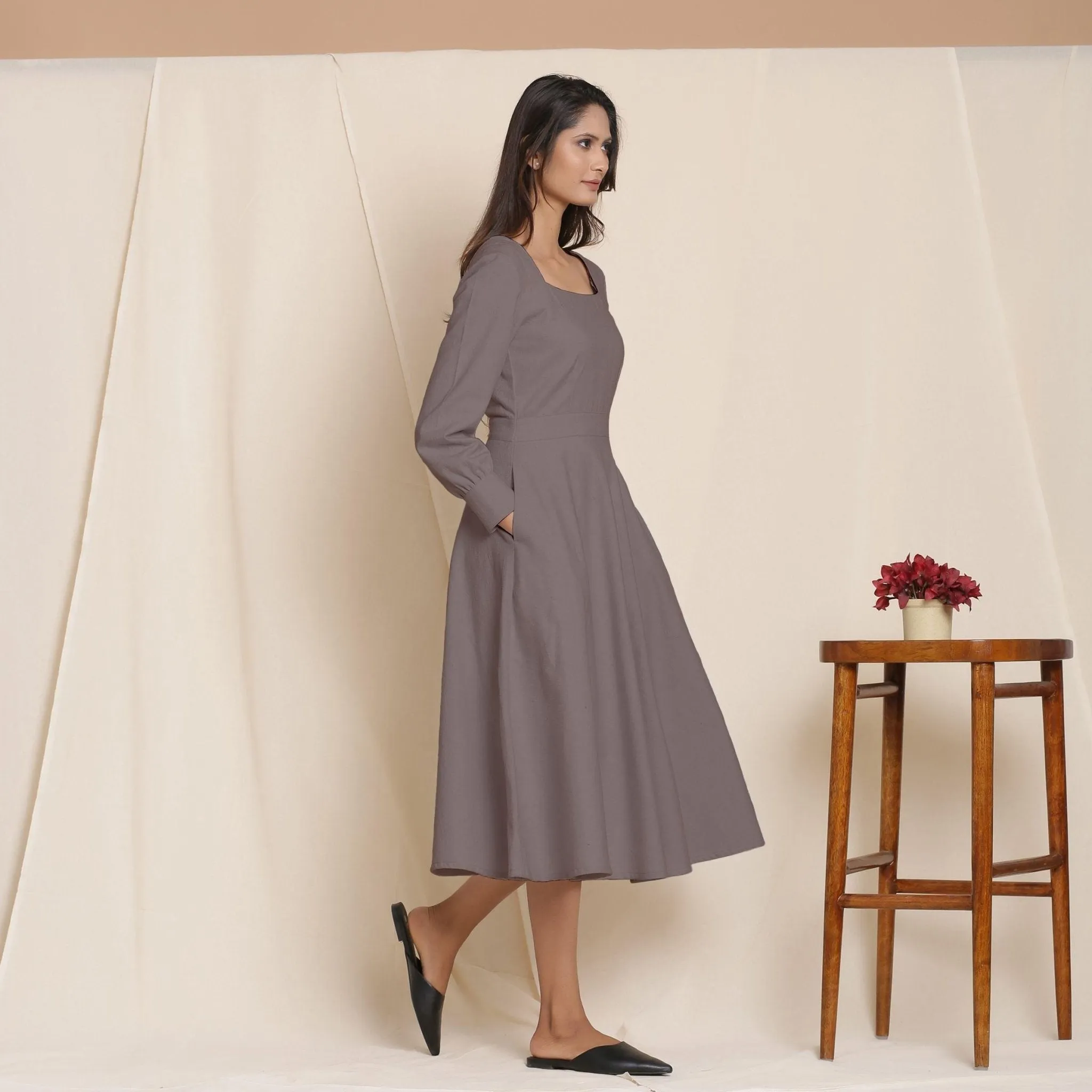 Grey Warm Cotton Flannel Fit and Flare Midi Dress