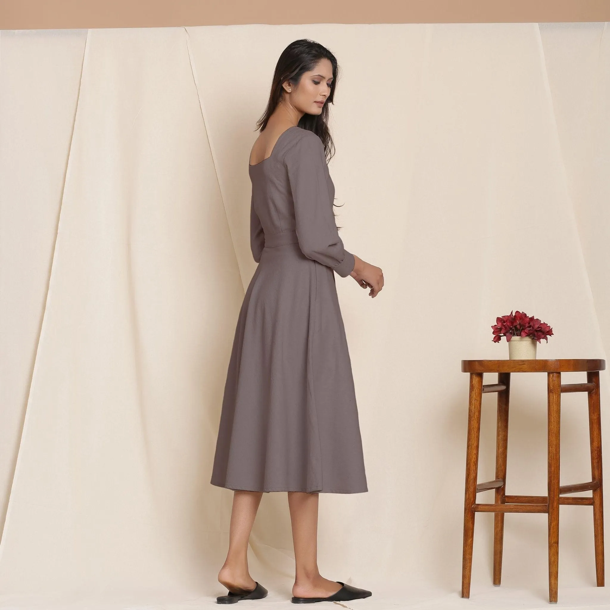 Grey Warm Cotton Flannel Fit and Flare Midi Dress