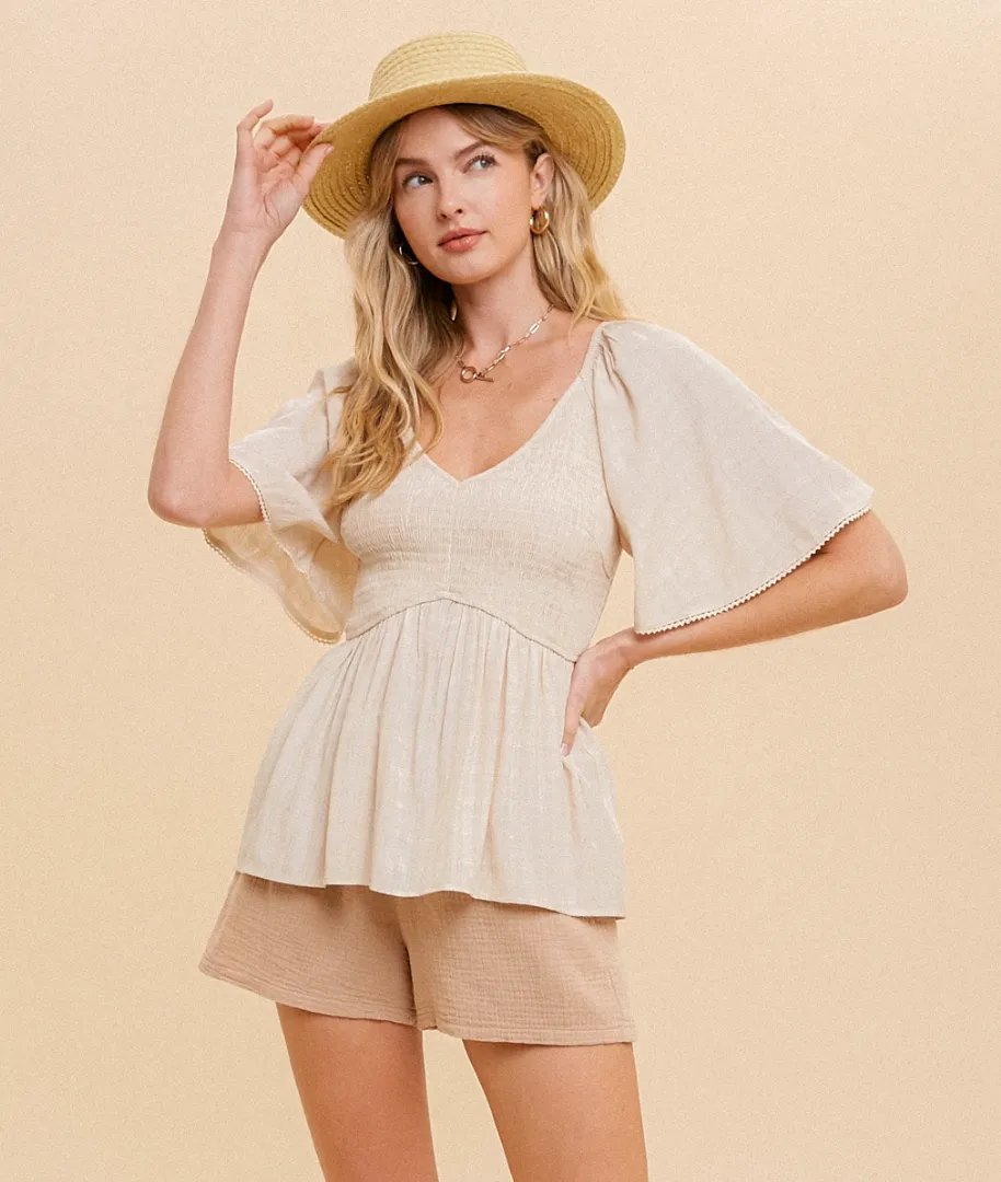 H&T Wheat Smocked Peplum Top