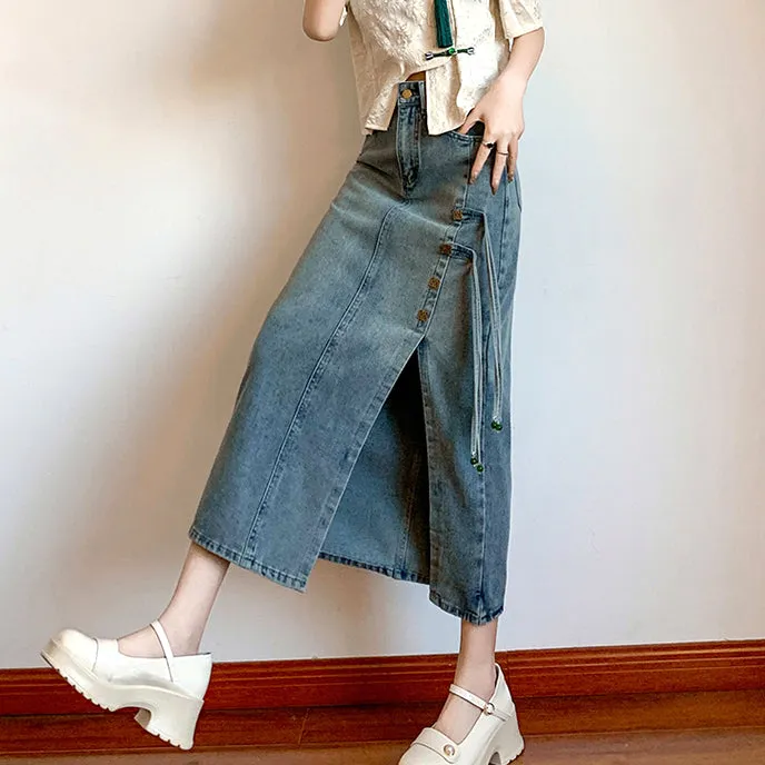 High Waist Ribbon Slit Retro Denim Skirt