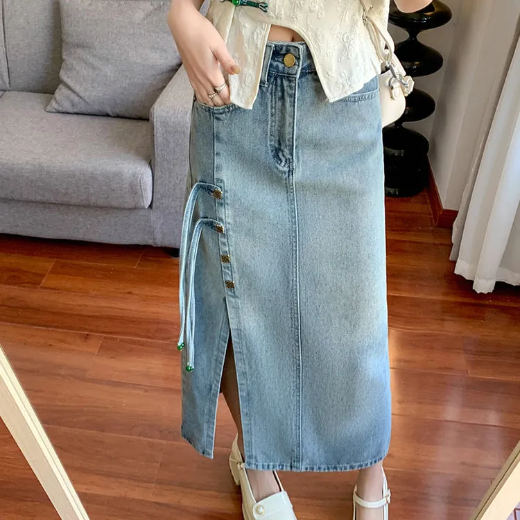 High Waist Ribbon Slit Retro Denim Skirt