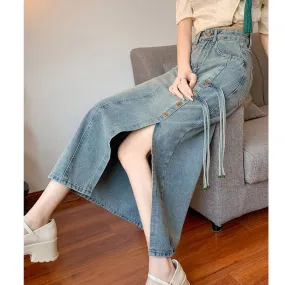 High Waist Ribbon Slit Retro Denim Skirt