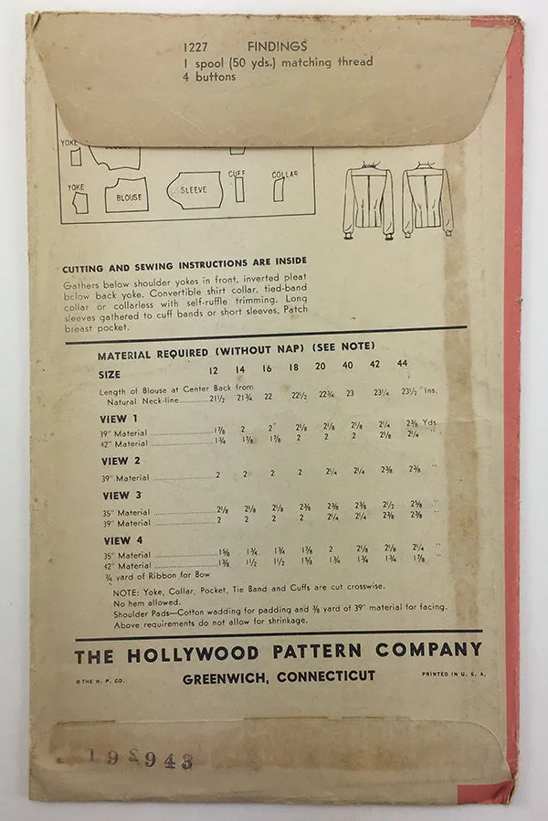 Hollywood 1227 1940s Blouse Sewing Pattern  - 42 Bust