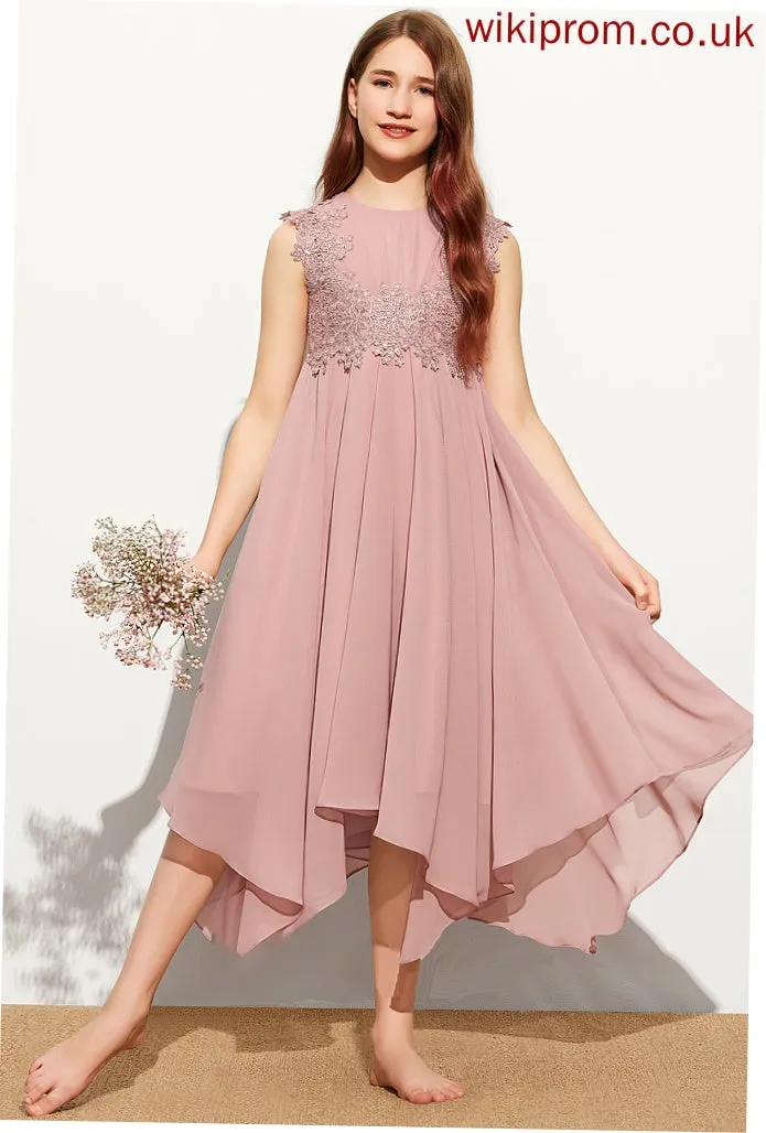 Junior Bridesmaid Dresses Tea-Length Helena Chiffon Lace A-Line Scoop Neck