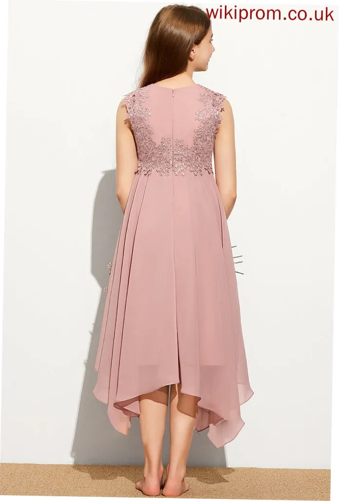 Junior Bridesmaid Dresses Tea-Length Helena Chiffon Lace A-Line Scoop Neck