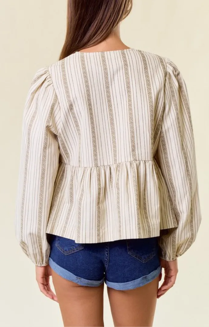 Kira Cream Striped Tie Front Blouse