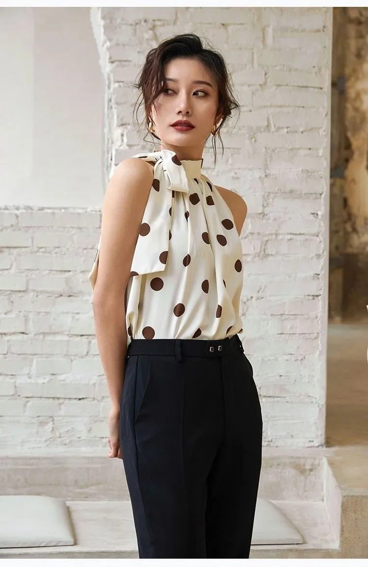 Ladies Halter Camisole Women Polka Dot Outwear Chiffon Shirts Loose Sleeveless Tops