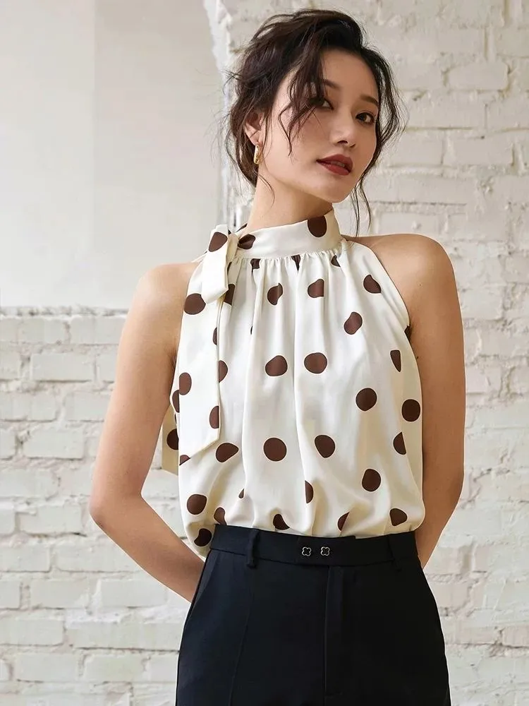 Ladies Halter Camisole Women Polka Dot Outwear Chiffon Shirts Loose Sleeveless Tops