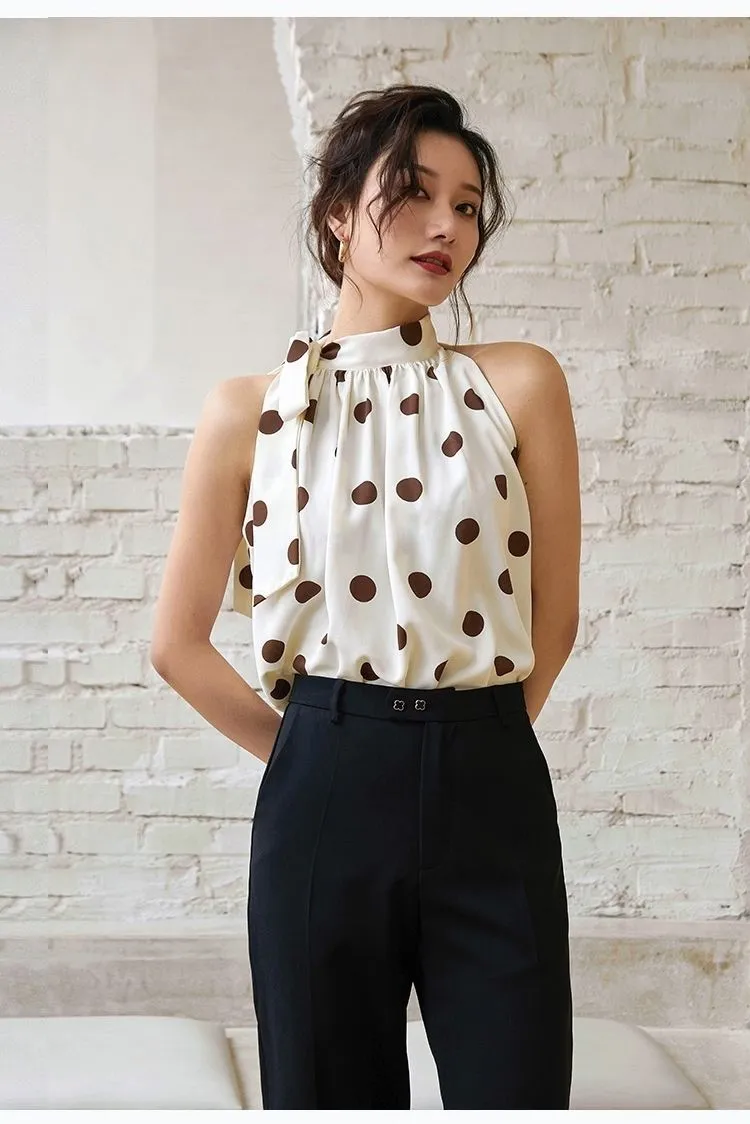 Ladies Halter Camisole Women Polka Dot Outwear Chiffon Shirts Loose Sleeveless Tops