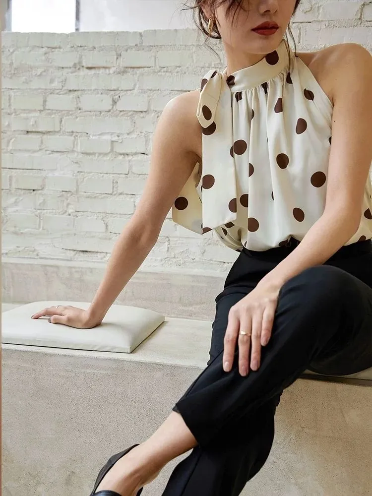 Ladies Halter Camisole Women Polka Dot Outwear Chiffon Shirts Loose Sleeveless Tops