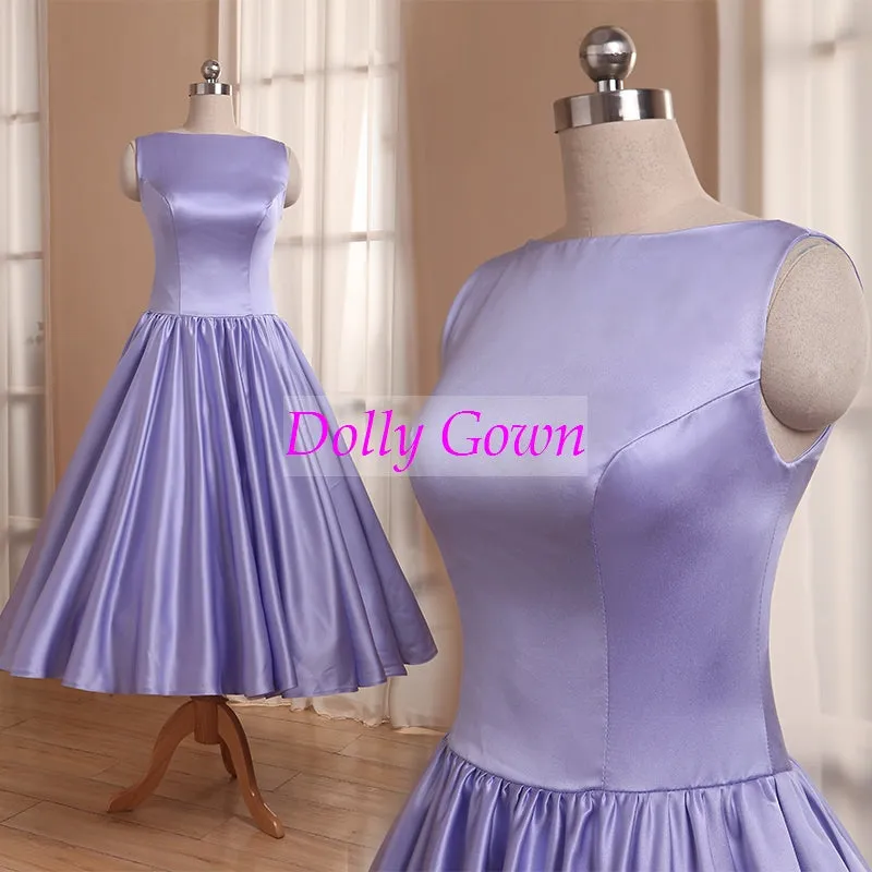 Lavender Tea Length Satin Bateau Neck Vintage Country Bridesmaid Dresses