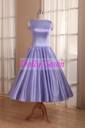 Lavender Tea Length Satin Bateau Neck Vintage Country Bridesmaid Dresses