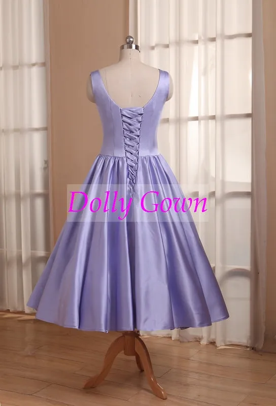 Lavender Tea Length Satin Bateau Neck Vintage Country Bridesmaid Dresses