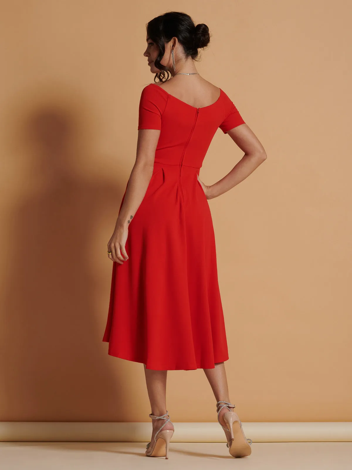 Lenora Fit & Flare Midi Dress, Red