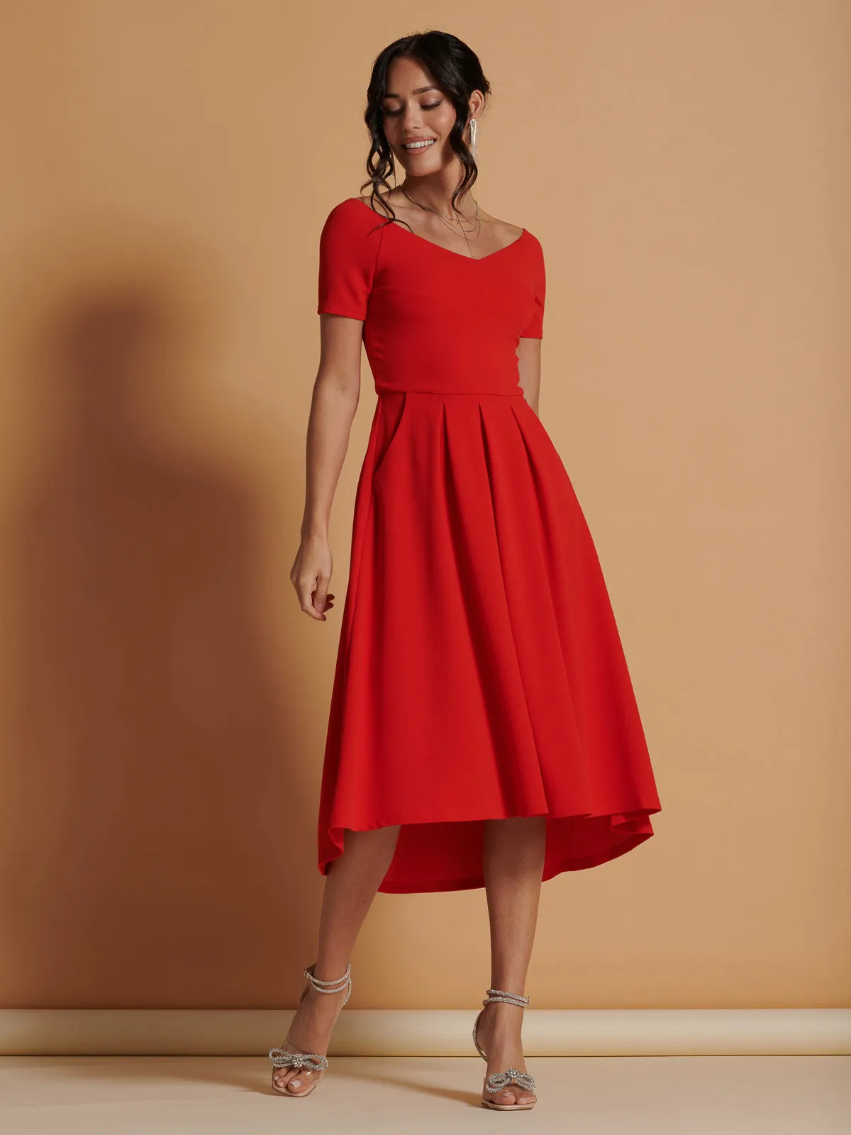 Lenora Fit & Flare Midi Dress, Red