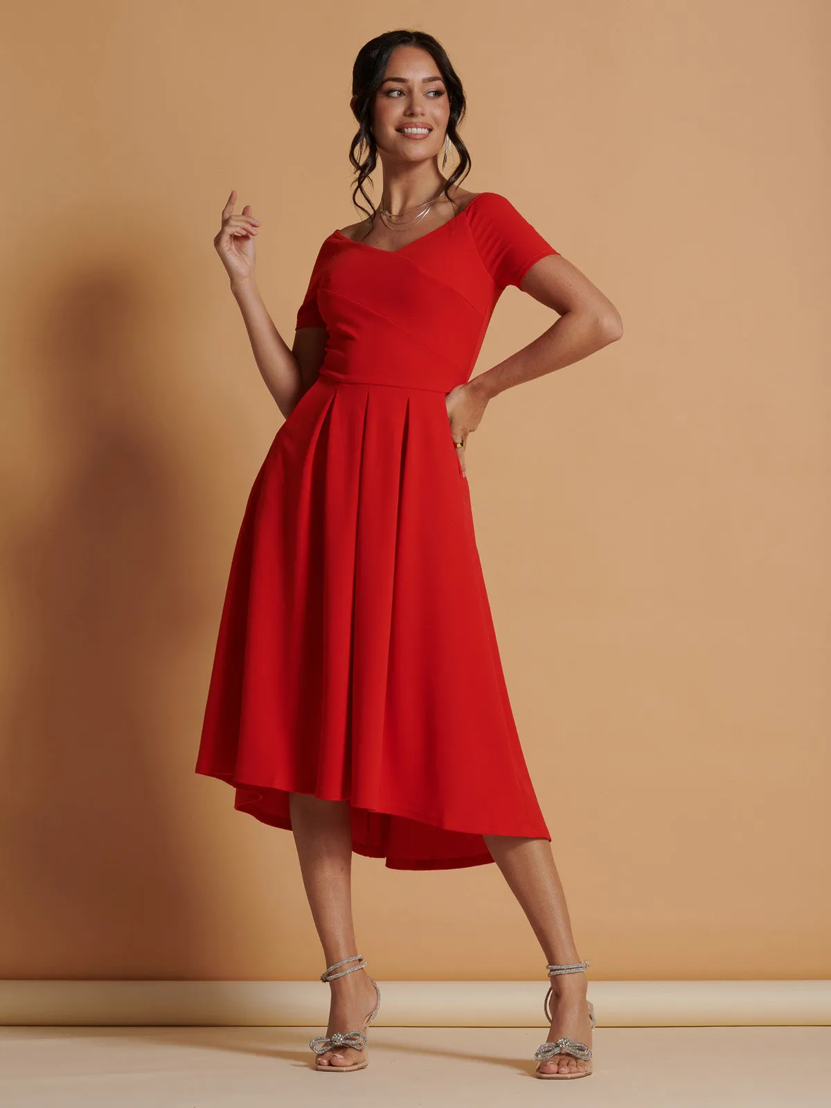 Lenora Fit & Flare Midi Dress, Red