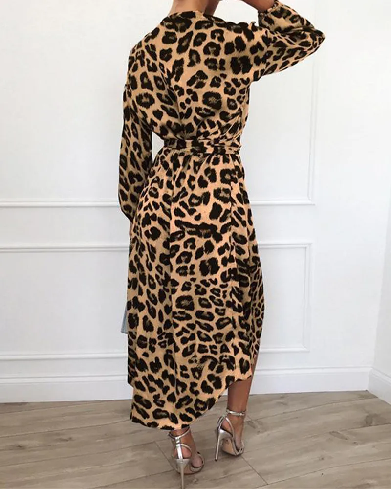 Leopard Print V-Neck High-Waisted Dress