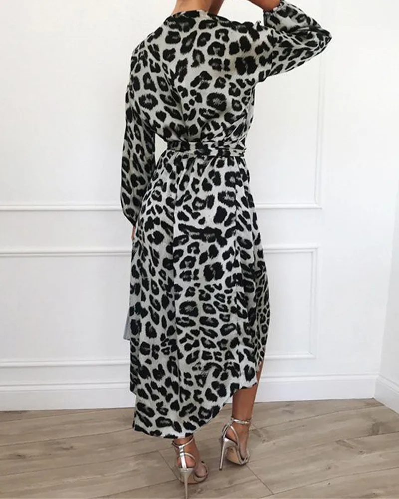 Leopard Print V-Neck High-Waisted Dress