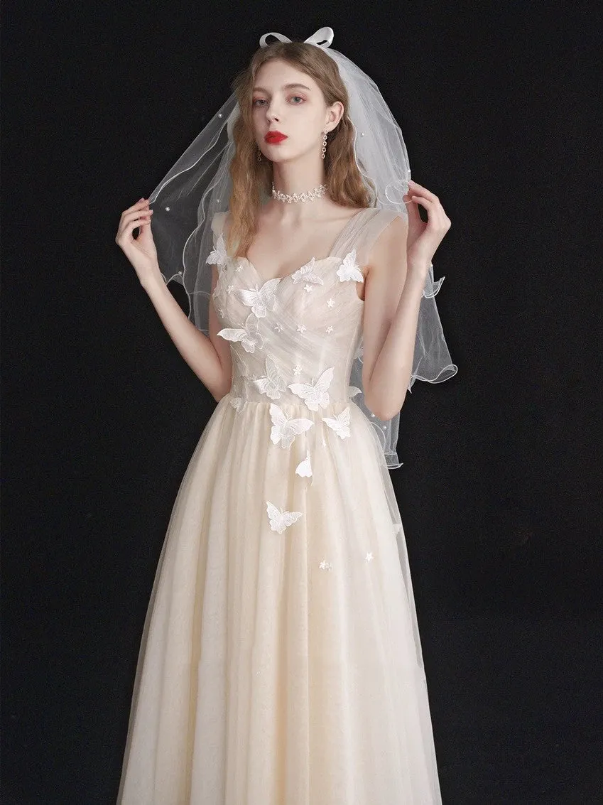 Light Champagne Ruched bodice Tulle Tea Length Wedding Dress