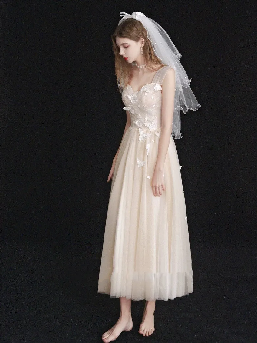 Light Champagne Ruched bodice Tulle Tea Length Wedding Dress