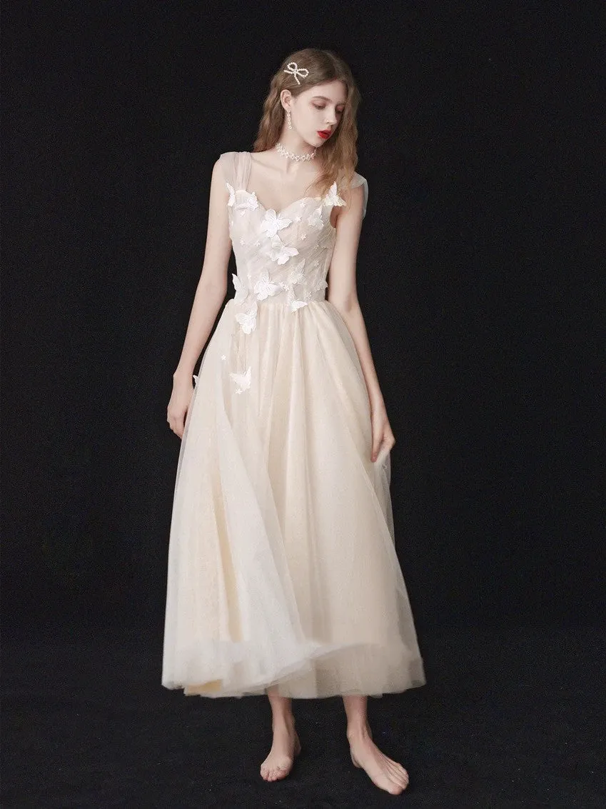 Light Champagne Ruched bodice Tulle Tea Length Wedding Dress