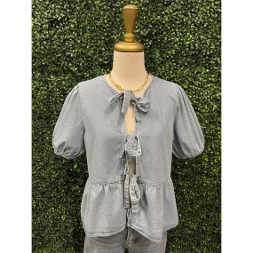 Light Wash Puff Sleeve Tie Front Denim Peplum Top