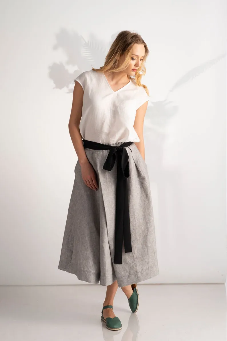 Linen Midi Skirt with Pockets