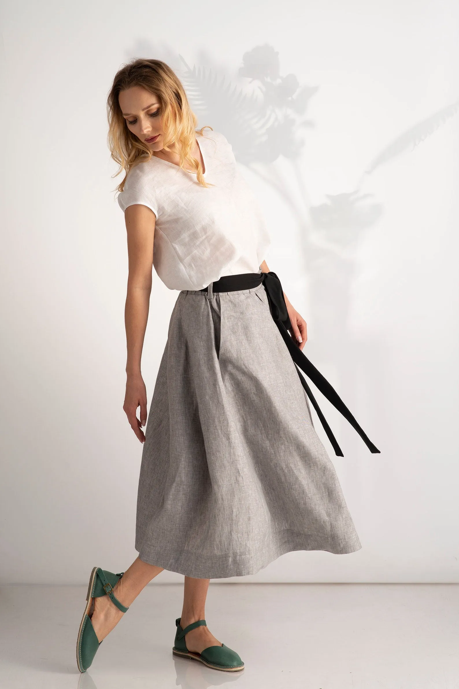 Linen Midi Skirt with Pockets