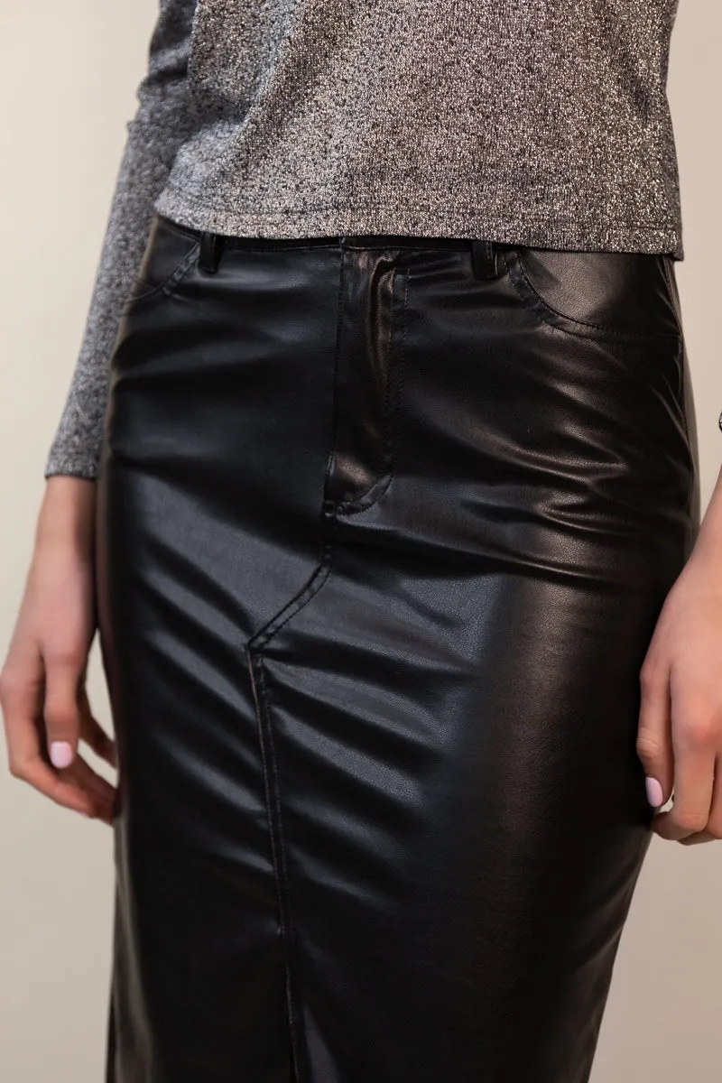 Lola Black Long Faux Leather Skirt