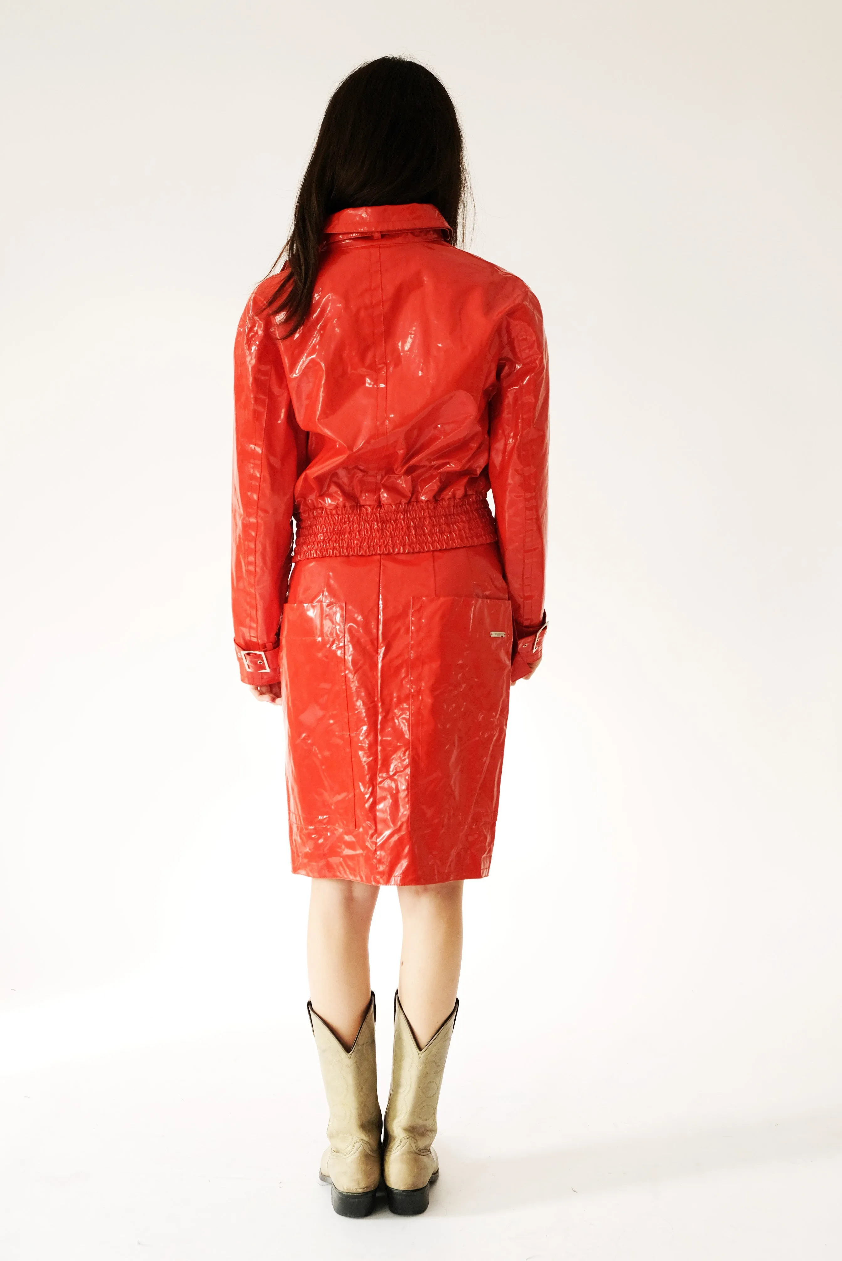 Max Mara Shiny Red Plastic 2 Piece Skirt Suit, UK12