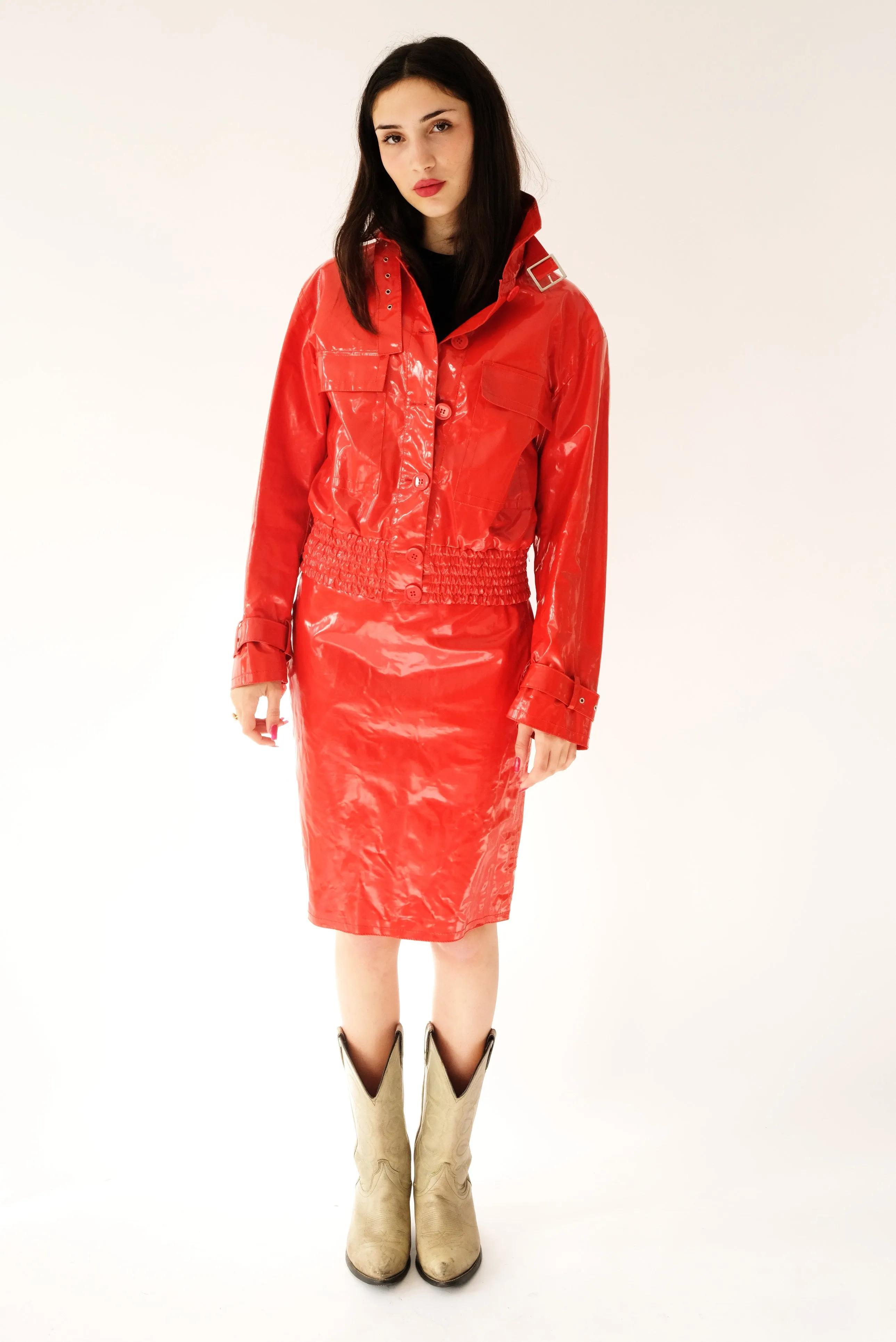 Max Mara Shiny Red Plastic 2 Piece Skirt Suit, UK12