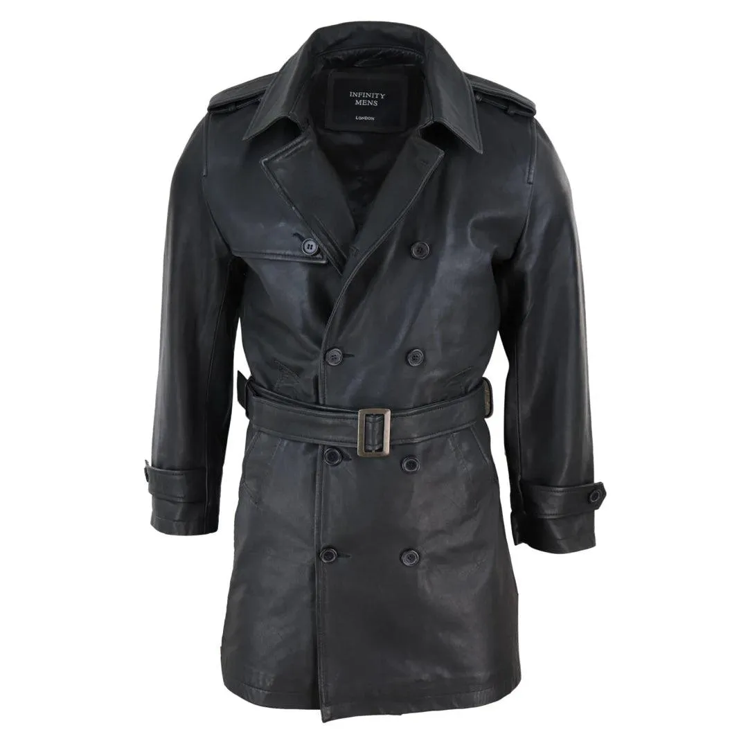 Mens Black 3/4 Trench Coat Real Leather Belted Jacket Classic Soft Napa Classic