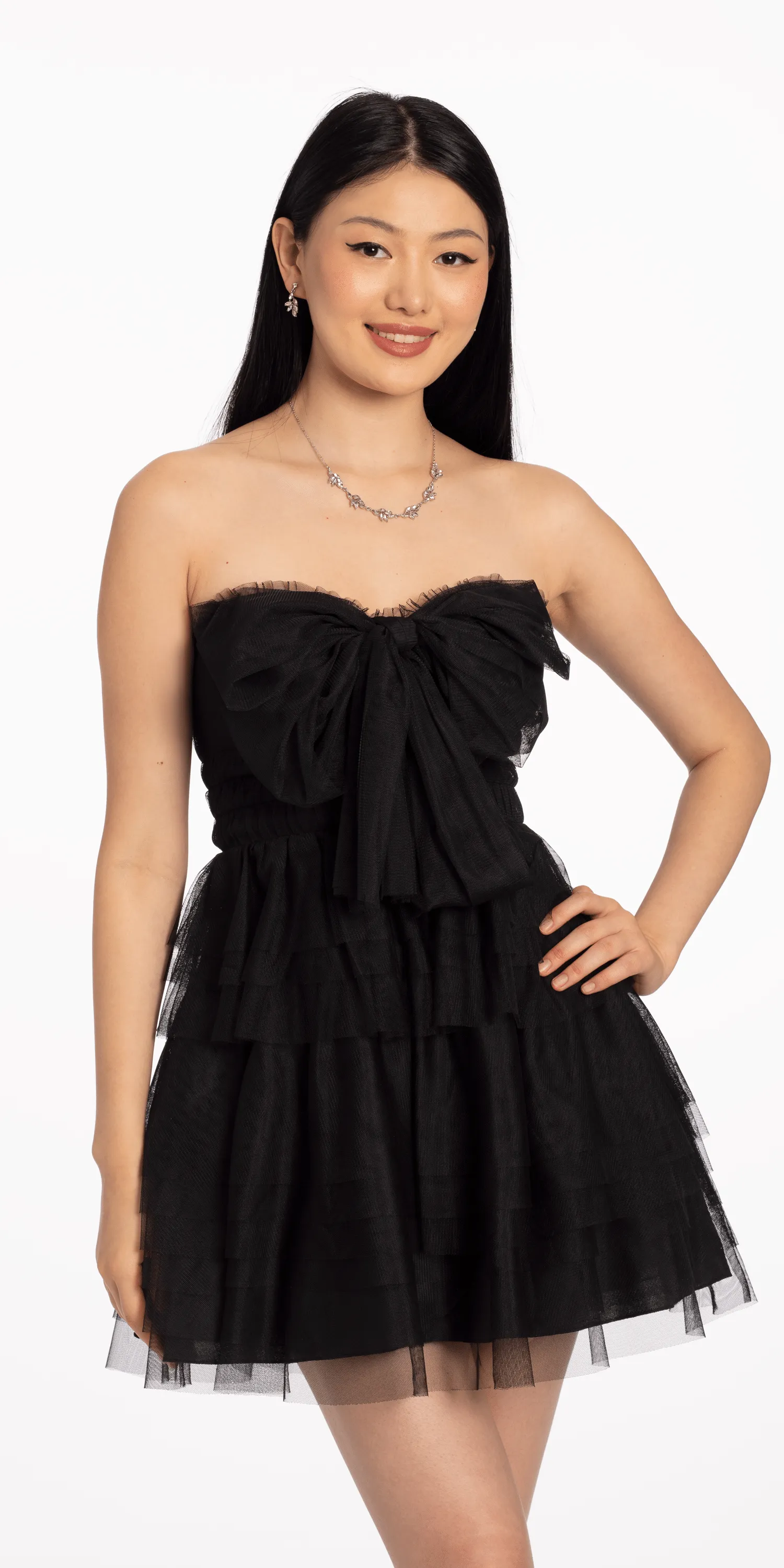 Mesh Bow Front Tiered  Fit and Flare Dress