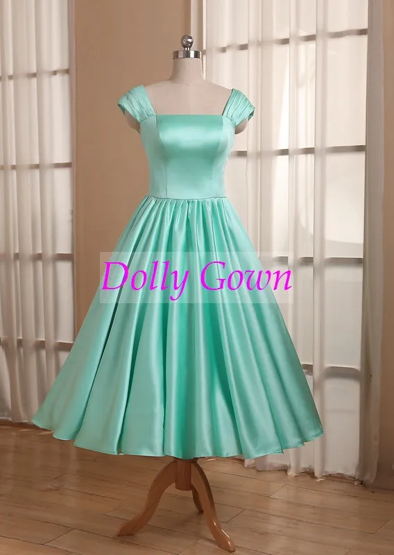 Mint Green Tea Length 50s Style Vintage Bridesmaid Dress