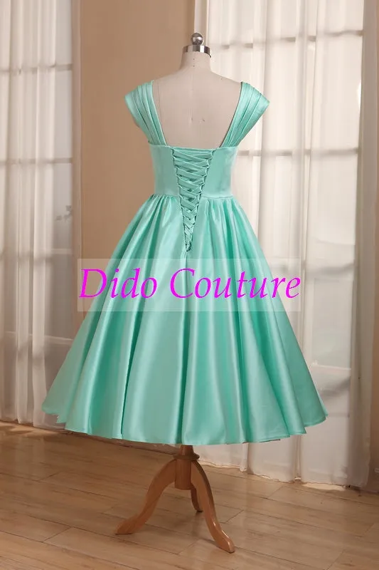 Mint Green Tea Length 50s Style Vintage Bridesmaid Dress