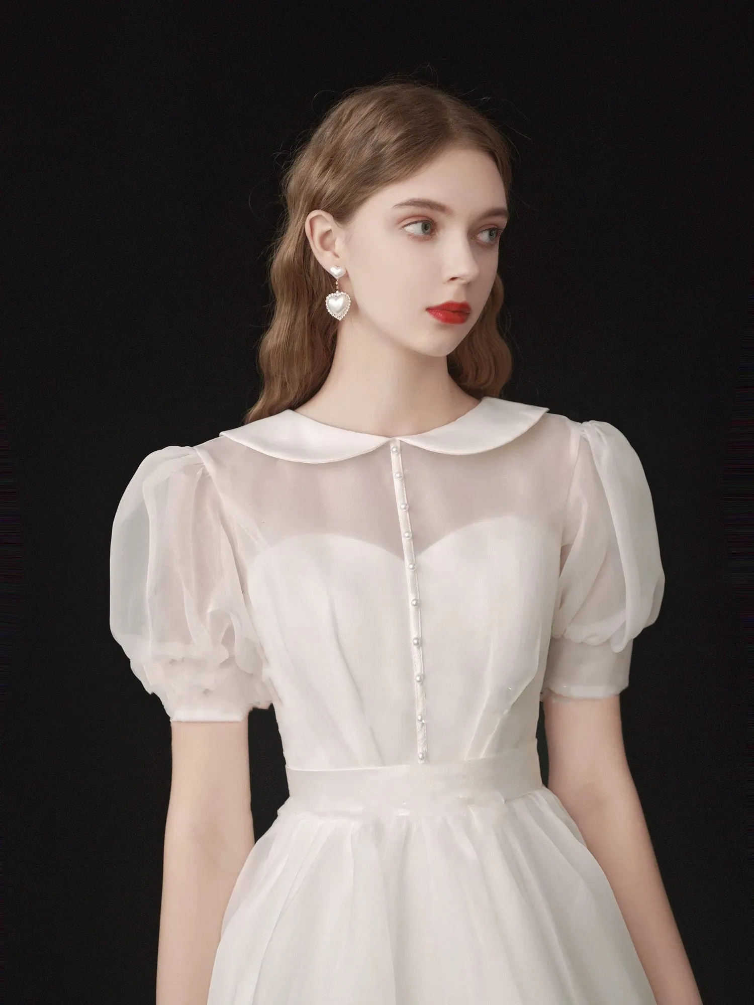 Modest Organza Tea Length 50s Wedding Dress with Short Sleeves