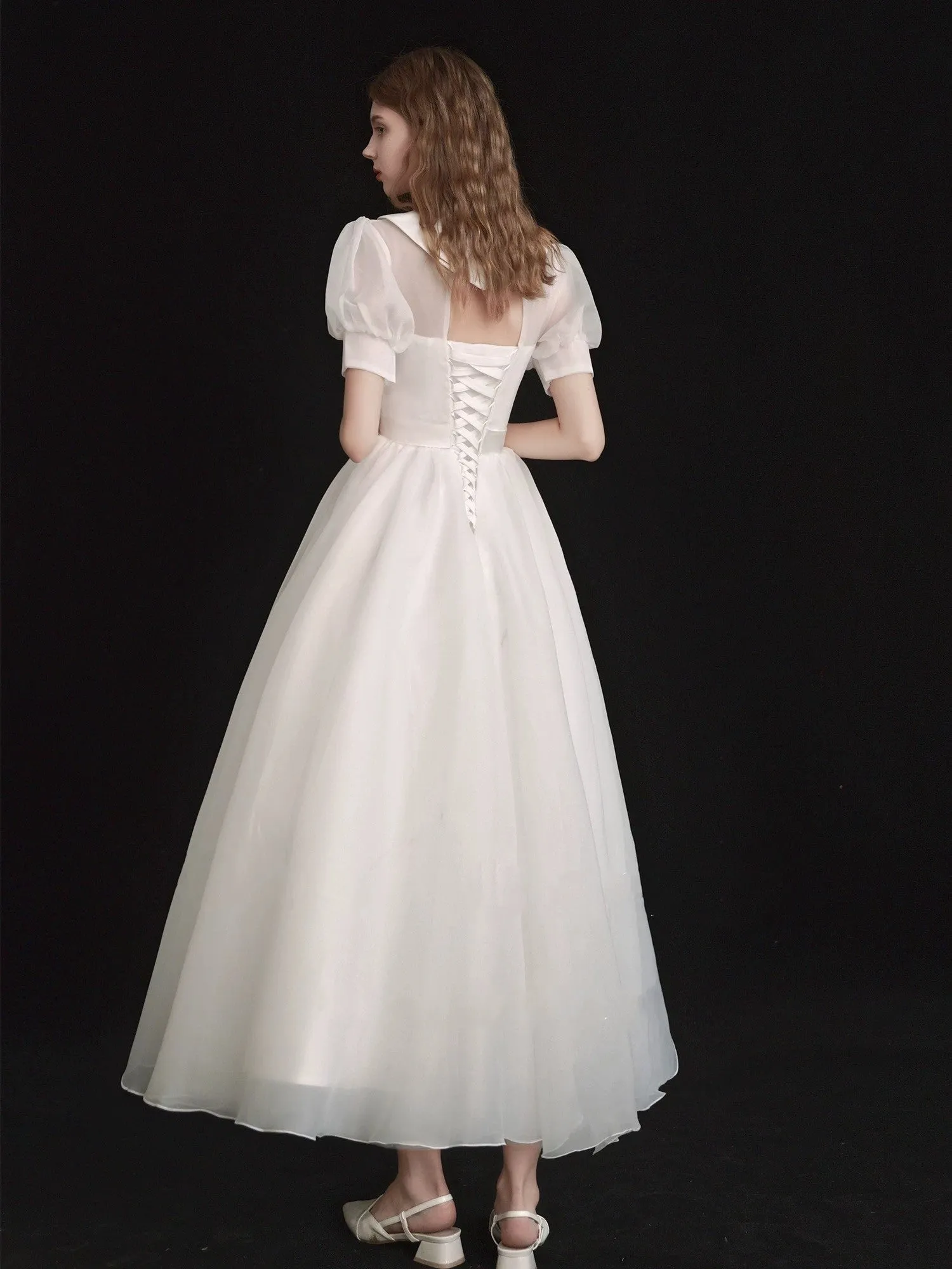 Modest Organza Tea Length 50s Wedding Dress with Short Sleeves