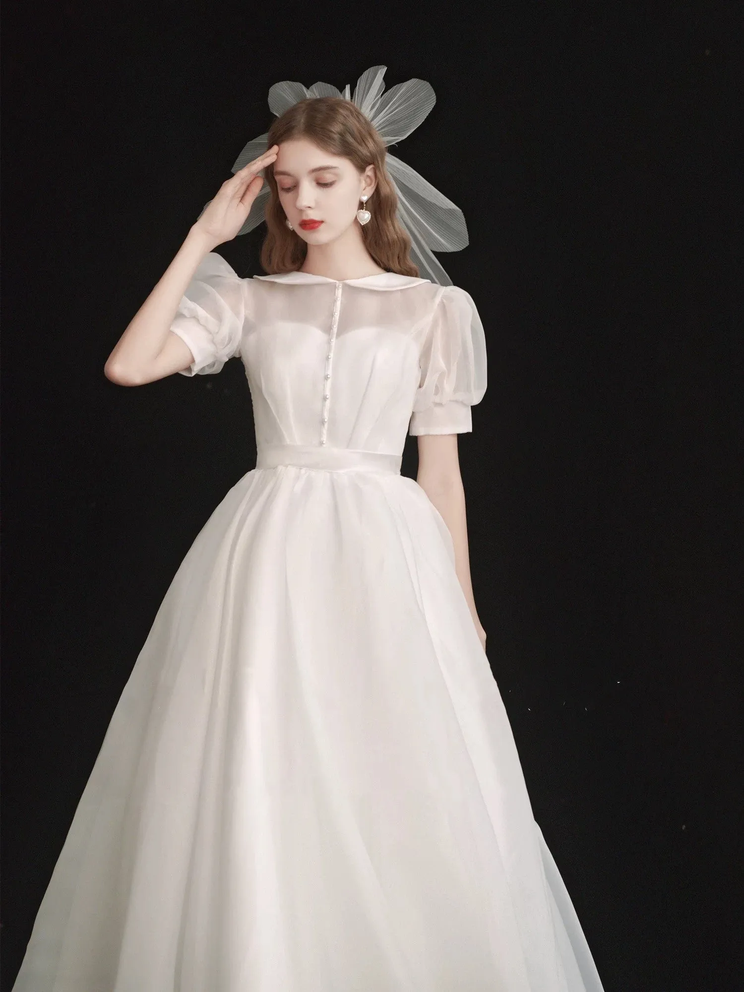 Modest Organza Tea Length 50s Wedding Dress with Short Sleeves