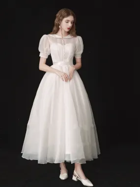 Modest Organza Tea Length 50s Wedding Dress with Short Sleeves