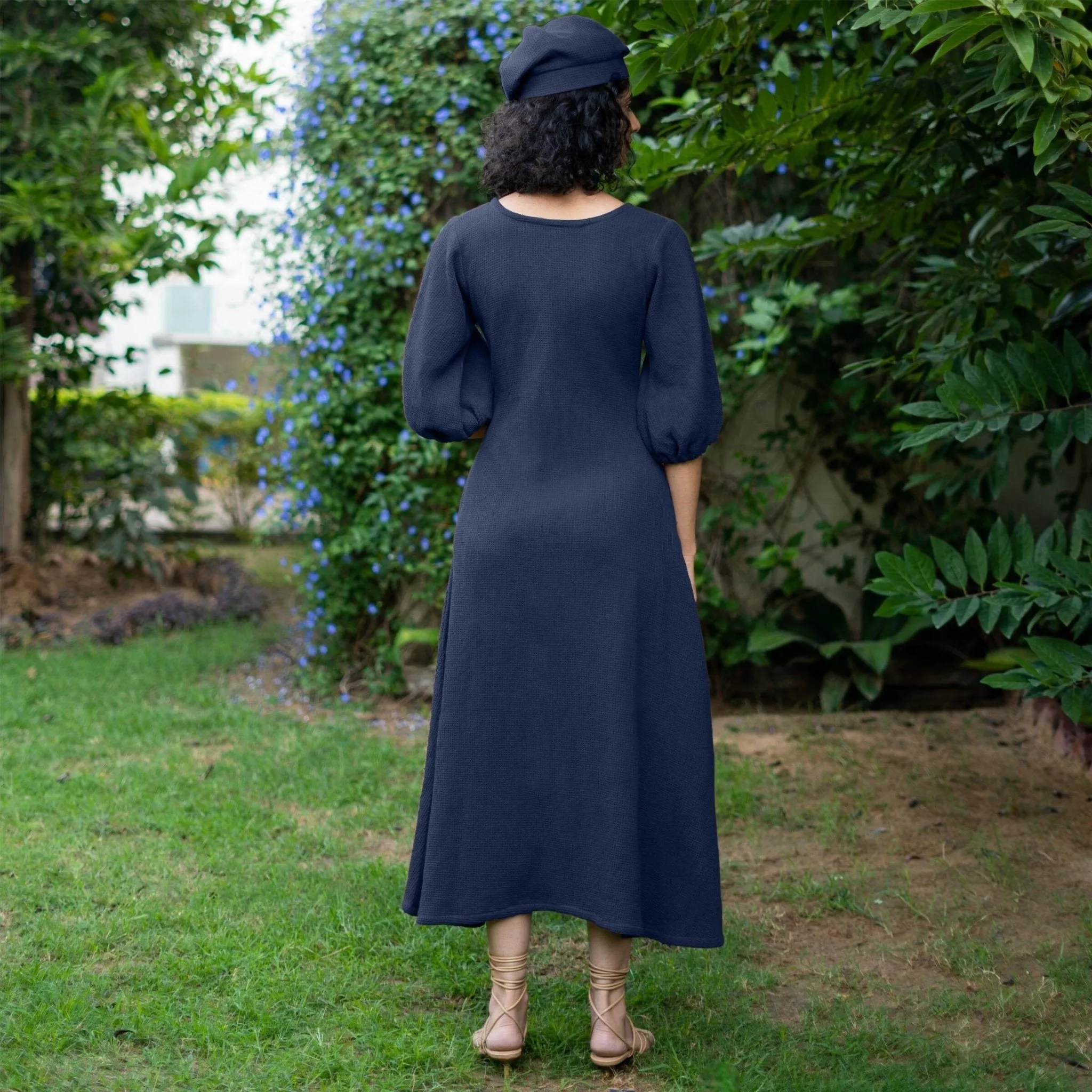 Navy Blue Warm Cotton Waffle Fit and Flare Maxi Dress