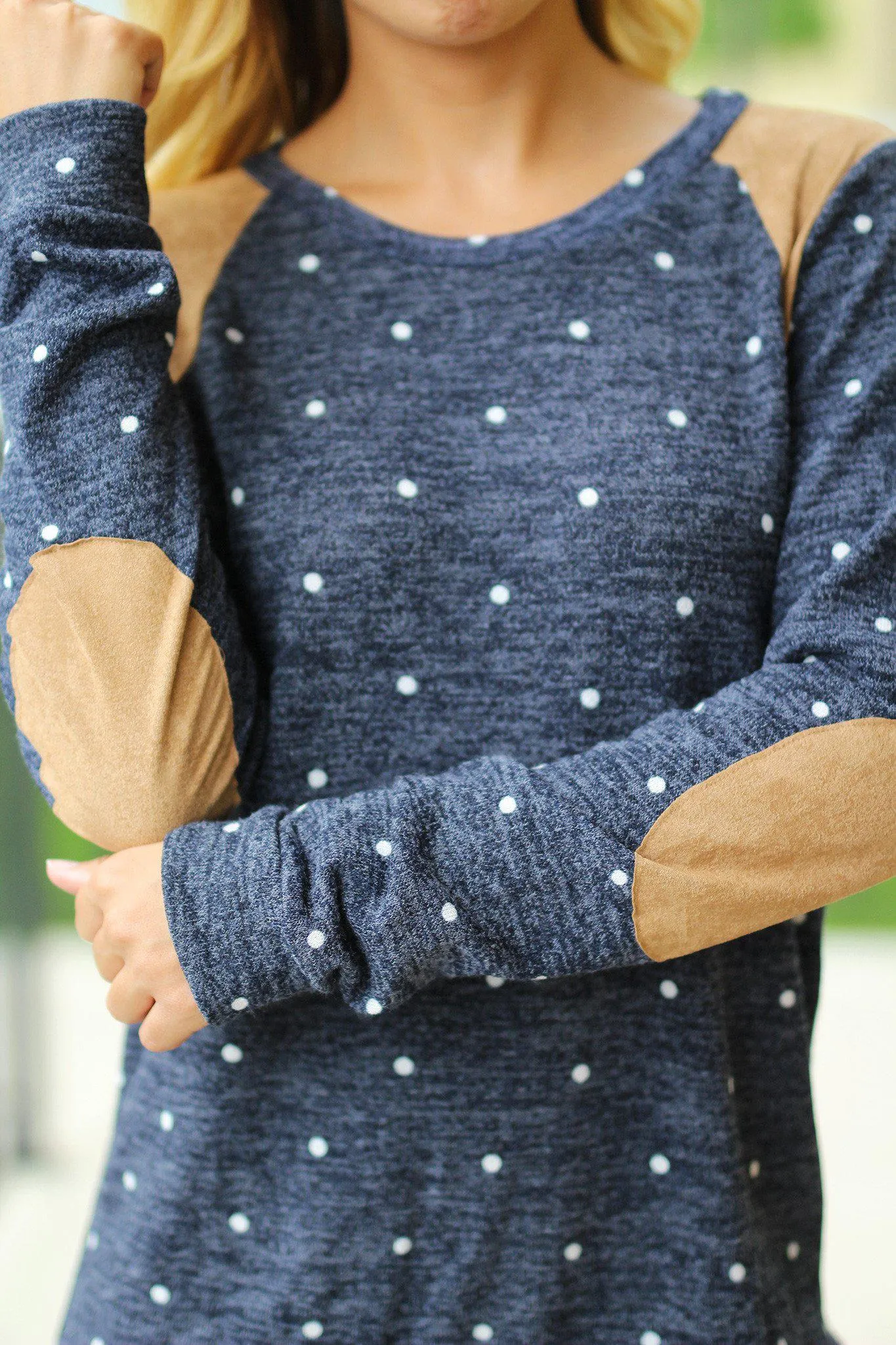 Navy Polka Dot Top with Elbow Patches